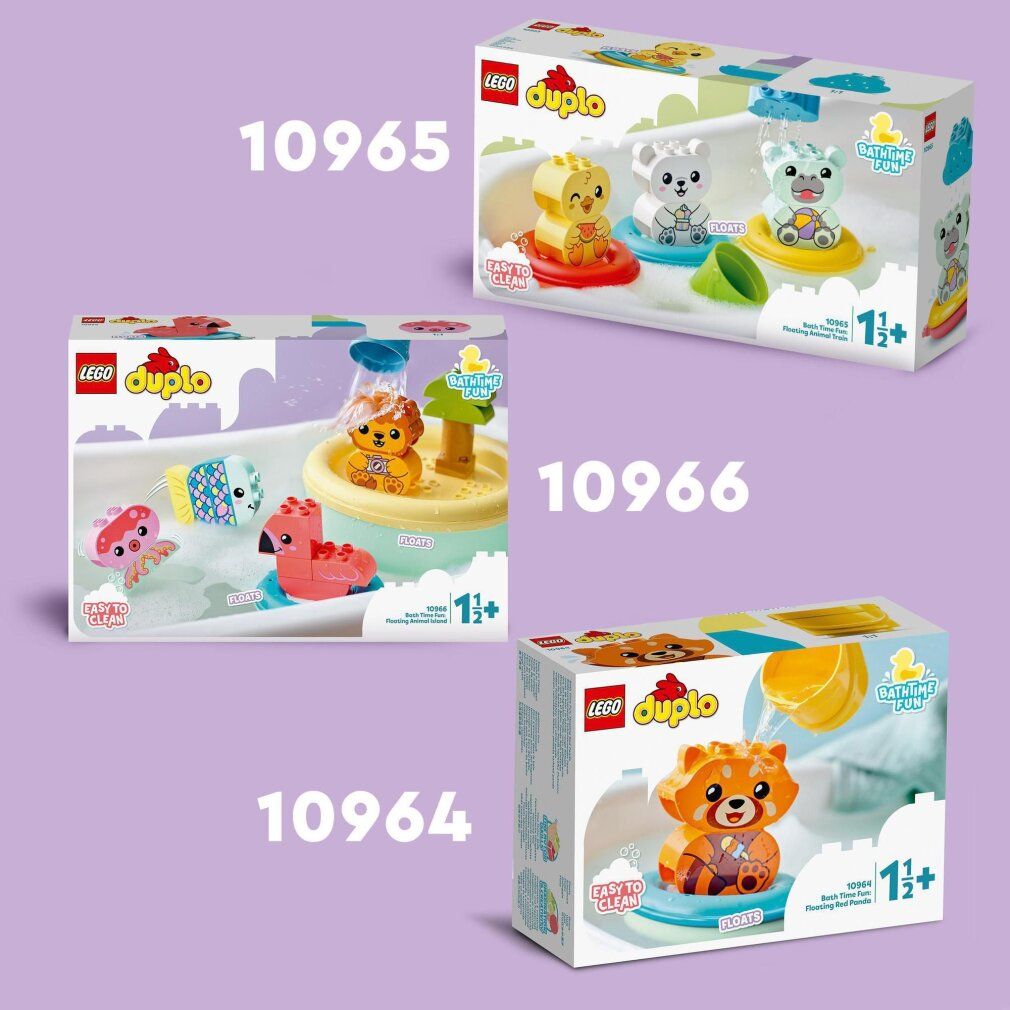 Tre set LEGO Duplo Badespaß. Confezioni con personaggi di animali, nomi dei prodotti e consigli sull'età.
