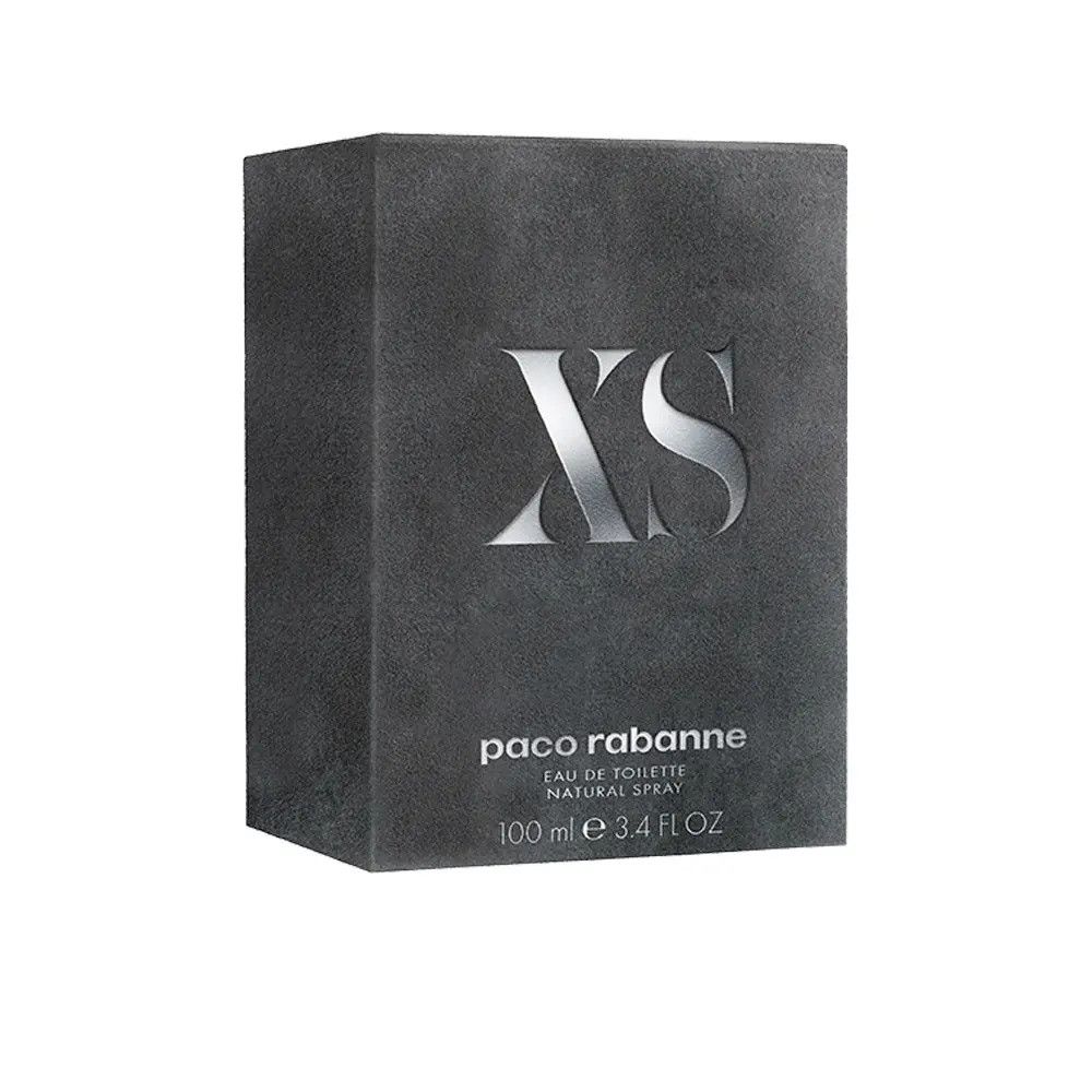 Scatola grigio scuro con scritta argentata XS. Testo: paco rabanne, Eau de Toilette, 100 ml.
