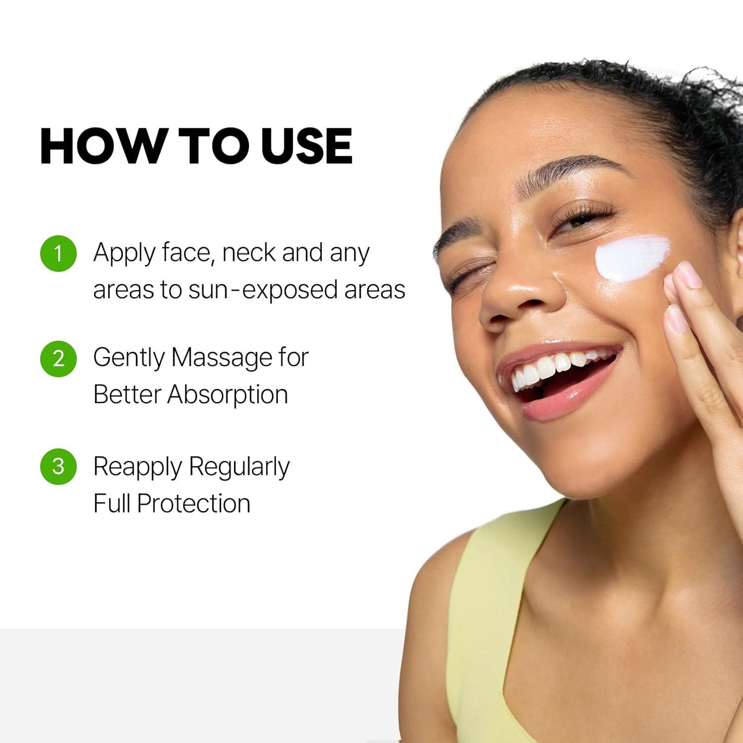 Donna applica crema. Testo: Applicazione: viso, collo, zone esposte al sole. Applicare regolarmente.
