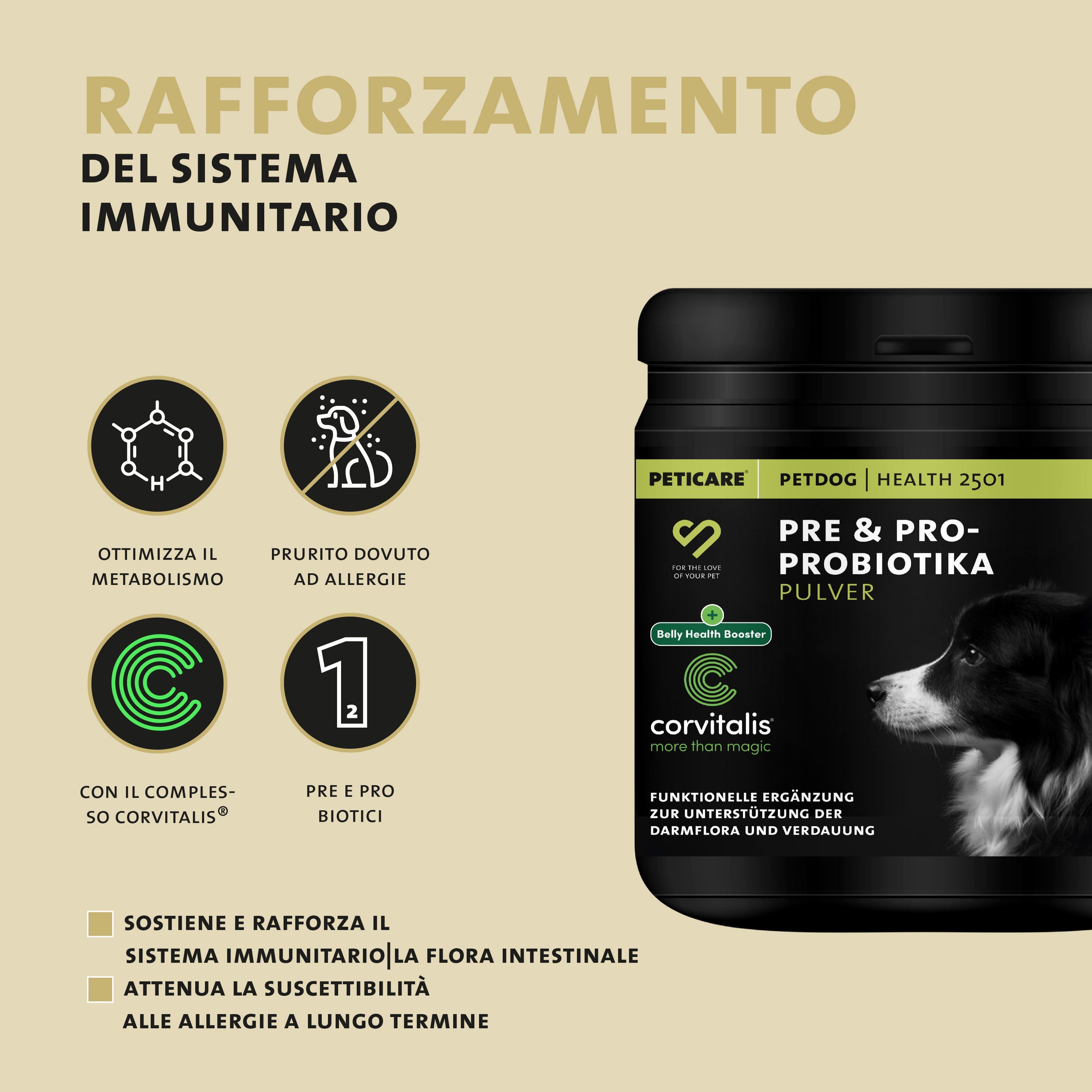 Barattolo di polvere Peticare Pre & Pro-Biotika per rafforzare il sistema immunitario.