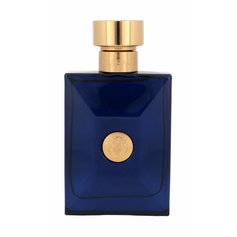 Flacone blu con tappo dorato e logo Medusa. Forma quadrata.