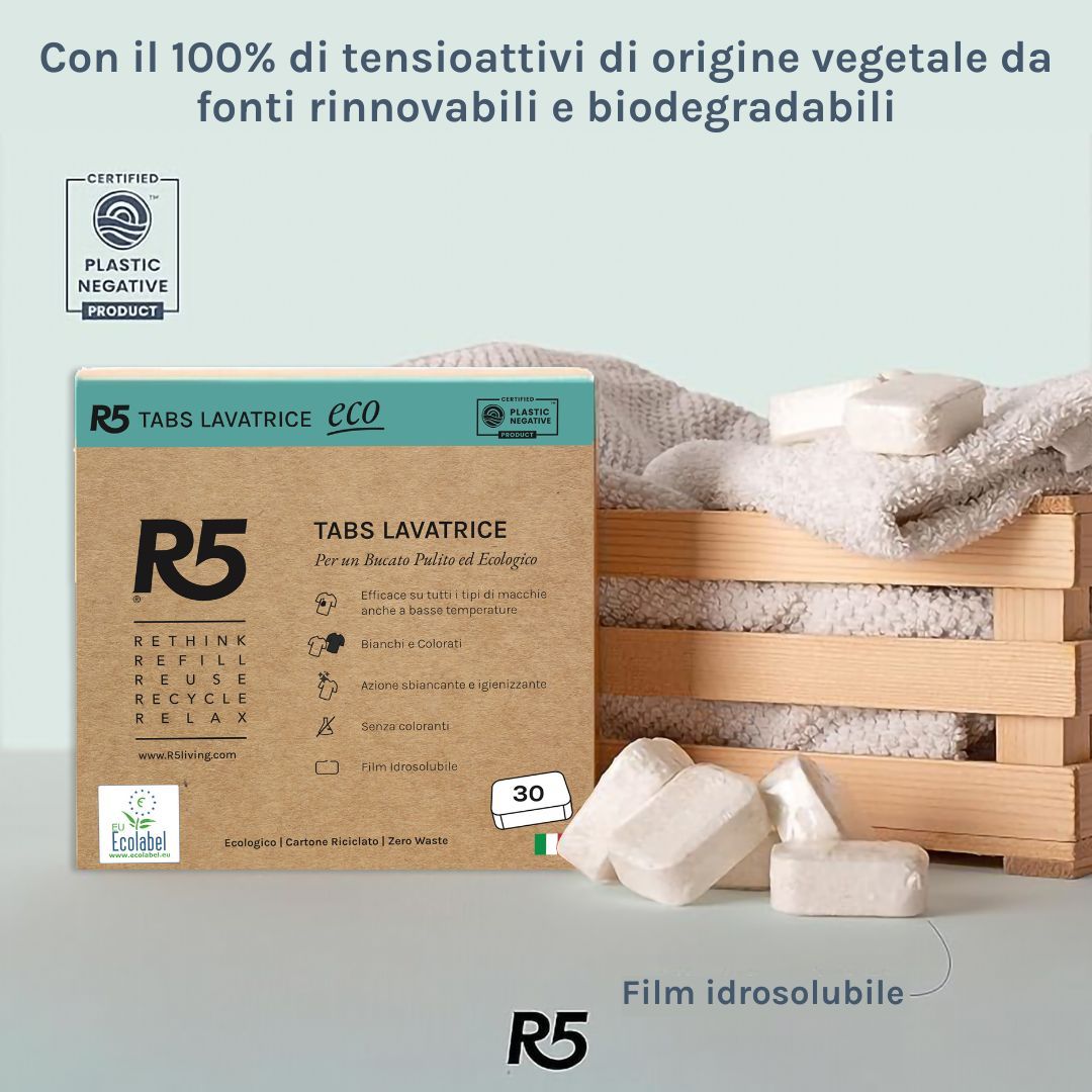 R5 Eco Tabs Lavatrice 30 Pastiglie, Tensioattivi Vegetali, Senza Coloranti, Ecolabel