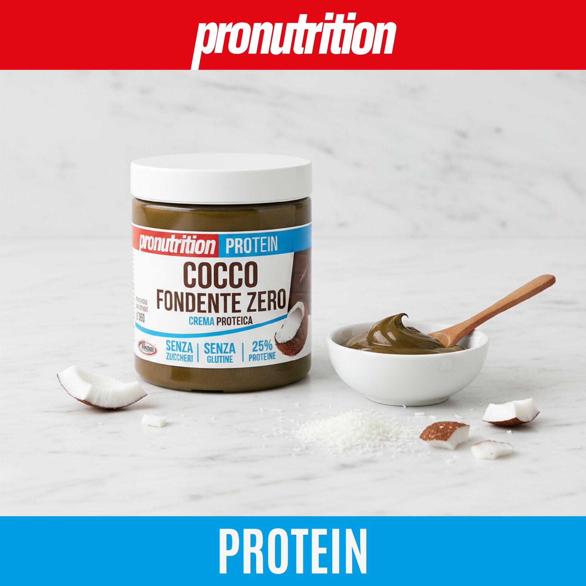 Vaso di crema cioccolato-cocco. Scritta: Cocco Fondente Zero. Accanto: ciotola di crema, scaglie di cocco, metà cocco. Testo: Proteine.