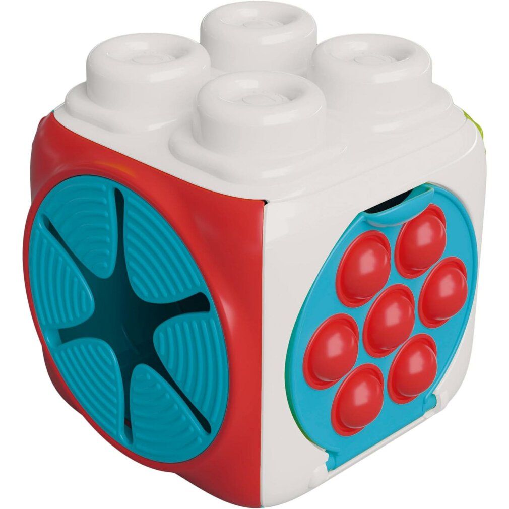 Cubo gioco con elementi rossi, bianchi, blu e verdi. Un lato ha bottoni rossi, un altro un motivo blu.
