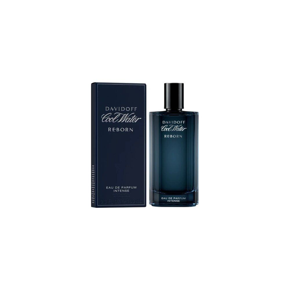 Flacone e scatola Davidoff Cool Water Reborn Intense Eau de Parfum. Bottiglia rettangolare, tappo nero. Scatola blu.