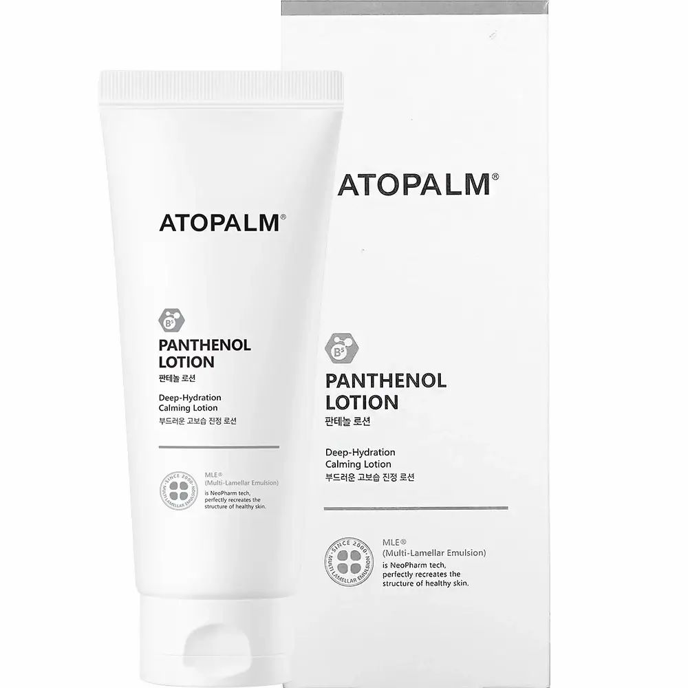 Tubo bianco ATOPALM Panthenol Lotion e scatola. Testo: Deep Hydration Calming Lotion. Scritta: MLE (Multi-Lamellar Emulsion).