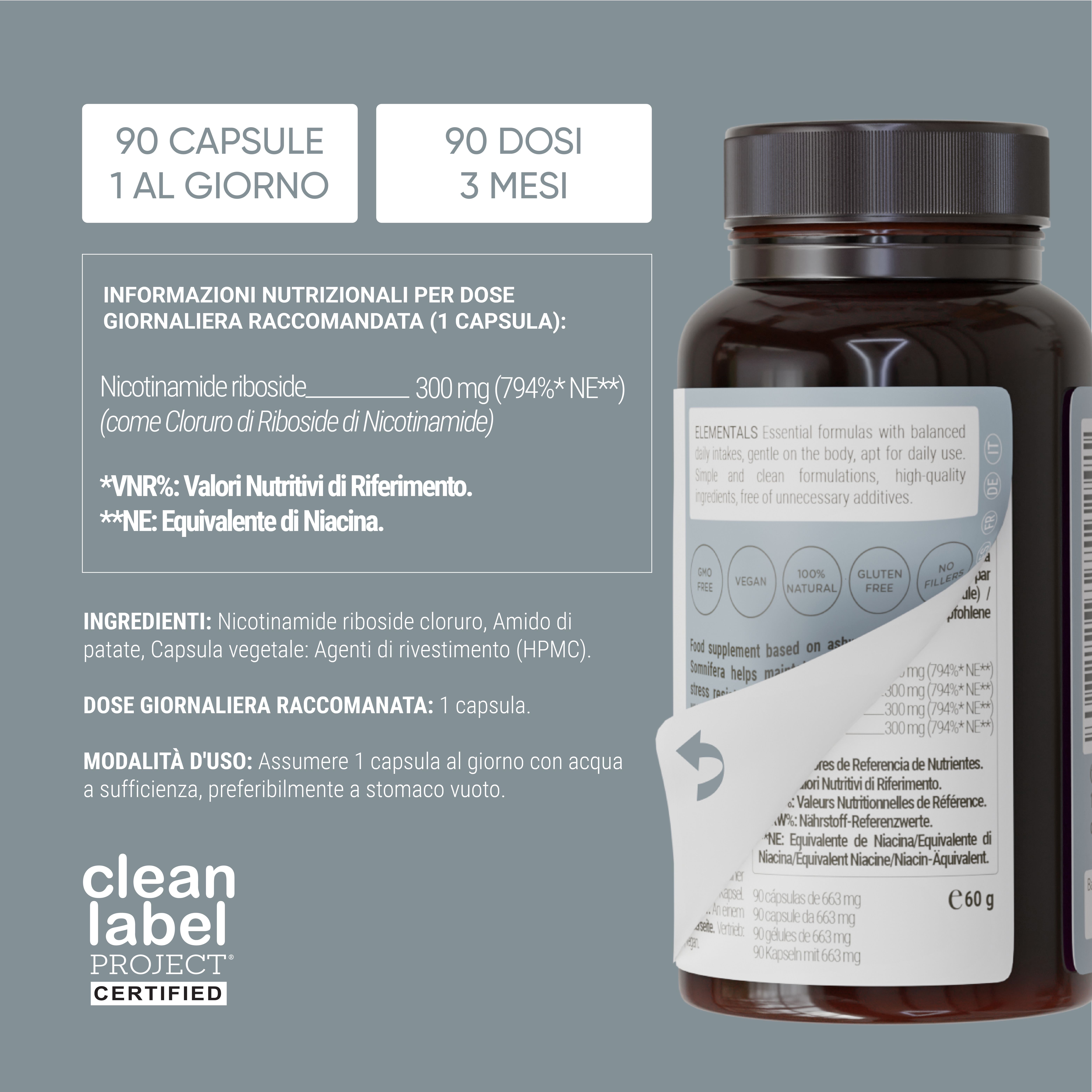 Flacone marrone con capsule. Testo: 90 capsule, 1 al giorno. Ingredienti. Clean Label Project certificato.