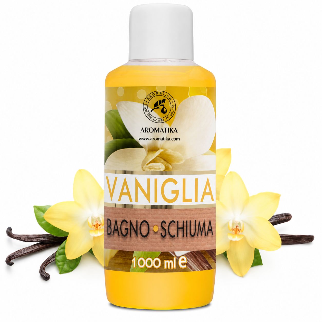 Flacone di bagnoschiuma alla Vaniglia AROMATIKA con fiori e baccelli di vaniglia, 1000 ml.