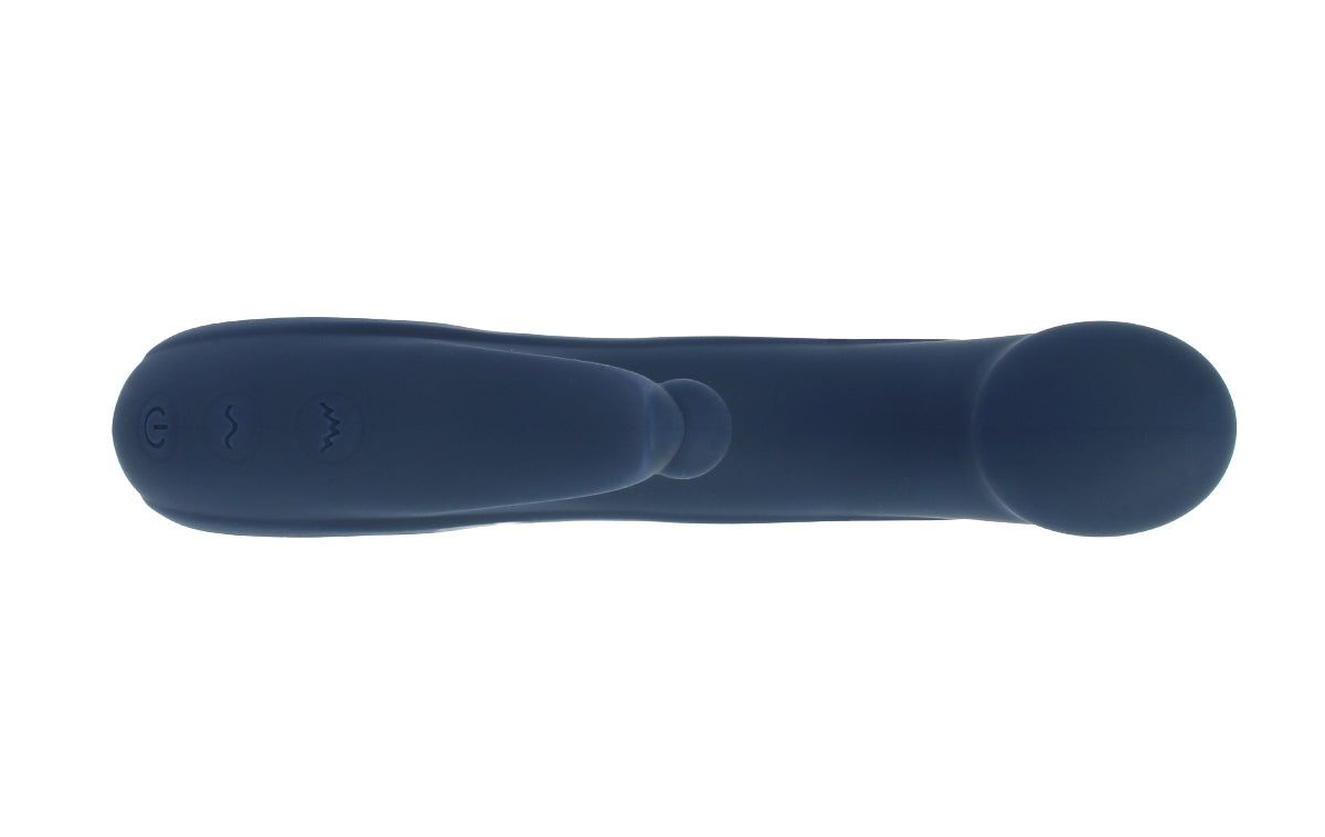 Vibratore blu con forma curva e anello. Con una piccola protuberanza rotonda e una punta allungata.