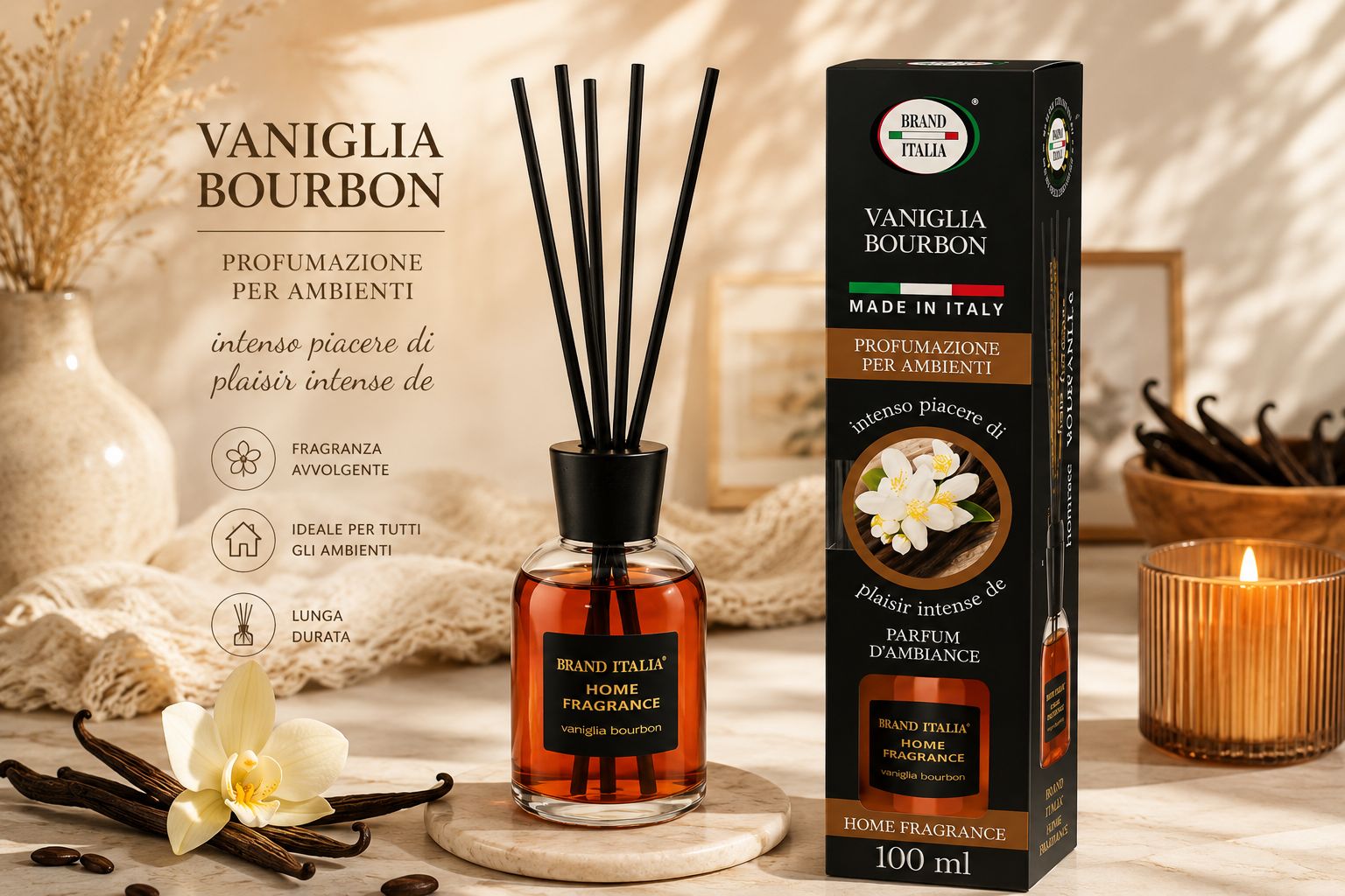 Diffusore per ambienti con bastoncini, fragranza Vaniglia Bourbon, 100 ml.