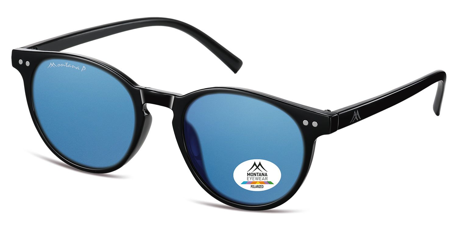 Occhiali da sole neri con lenti blu. Logo Montana Eyewear sulla lente. Forma rotonda. Lenti polarizzate.