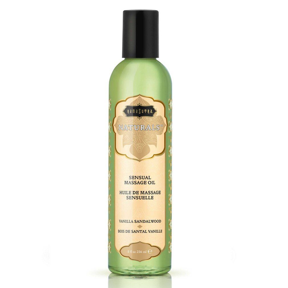 Flacone di olio da massaggio con tappo nero ed etichetta verde 'Vanilla Sandalwood'.