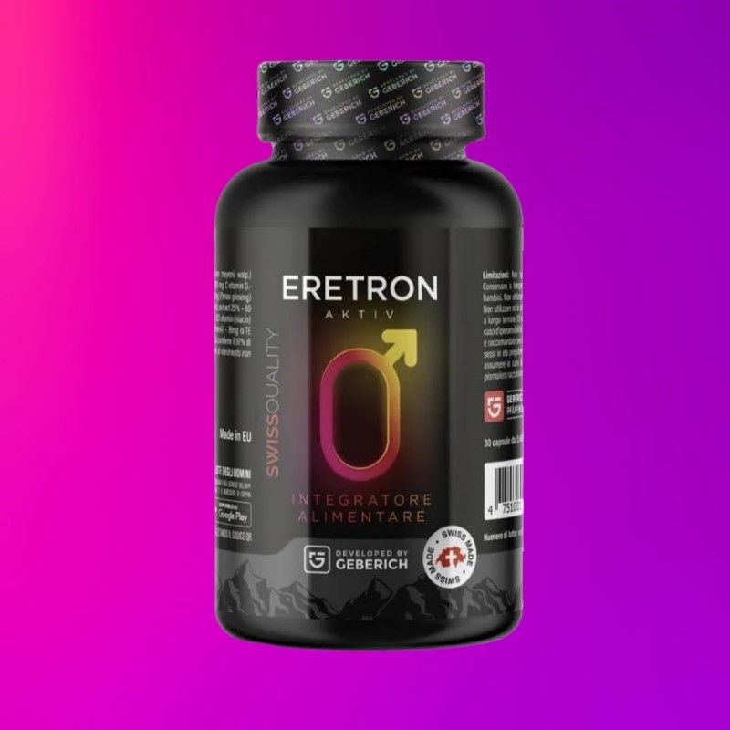 Flacone nero "Eretron Aktiv" con simbolo maschile. "Integratore Alimentare" sotto. Sigillo "Swiss Quality". Sviluppato da Geberich.