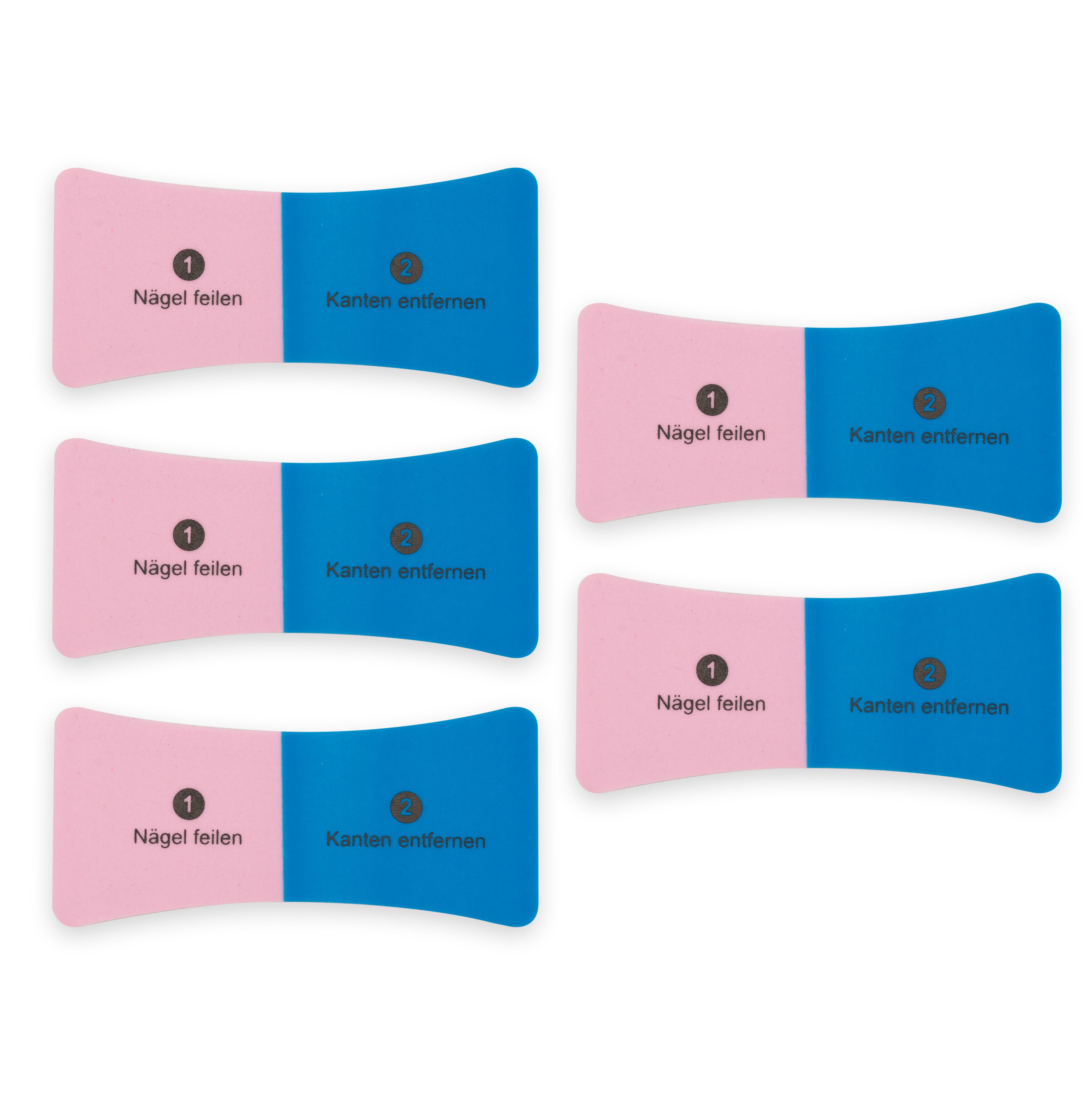 Cinque lime per unghie bicolori rosa/blu con scritte 'Limare l'unghia' e 'Rimuovere i bordi'.