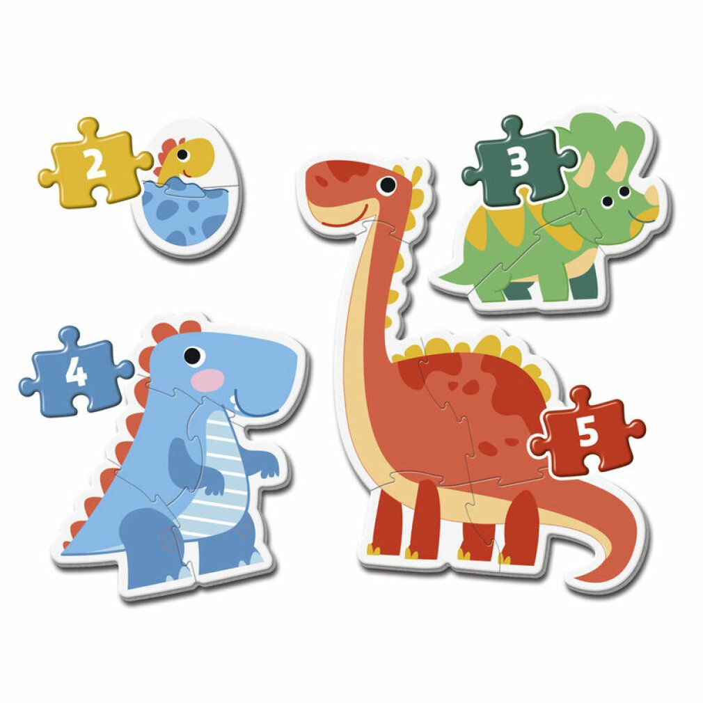 Pezi di puzzle con motivi di dinosauri. Singoli pezzi di puzzle con dinosauri. Numeri sui pezzi. Sfondo: bianco.