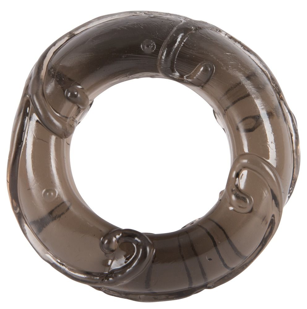 Anello penieno nero e flessibile con superficie liscia ed elementi decorativi. Il prodotto ha una forma rotonda con un foro al centro.