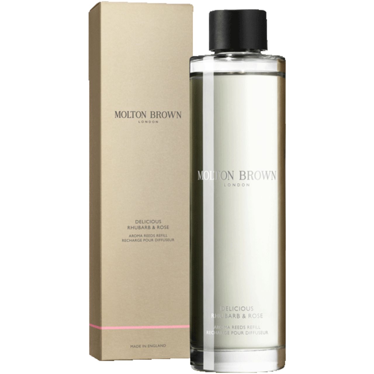 Ricarica con confezione. Flacone cilindrico in vetro e scatola rettangolare di cartone. Scritta: Molton Brown London, Delicious Rhubarb & Rose.
