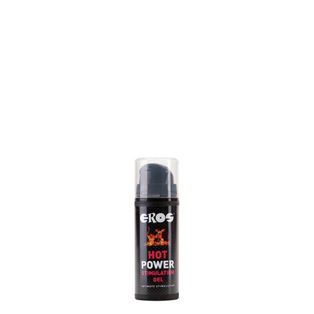 Flacone nero con dosatore. Scritta: EROS, HOT POWER STIMULATION GEL, Intimate Stimulation. Grafica fiamme.