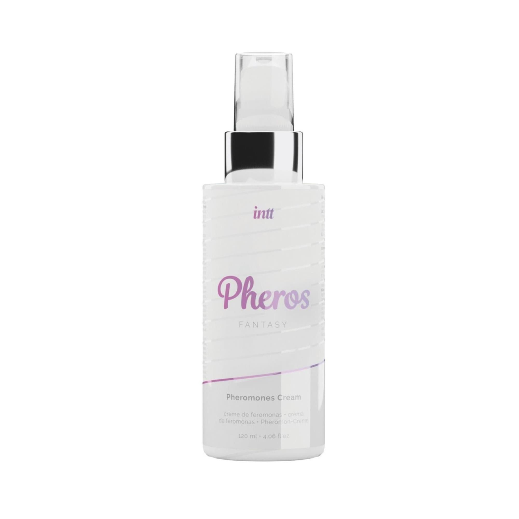 Flacone bianco con vaporizzatore. Scritta "Pheros Fantasy" e "Pheromones Cream". Marchio: INTT.
