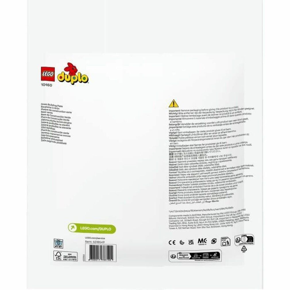 Retro della confezione LEGO Duplo. Testo in diverse lingue, avvertenze e loghi.