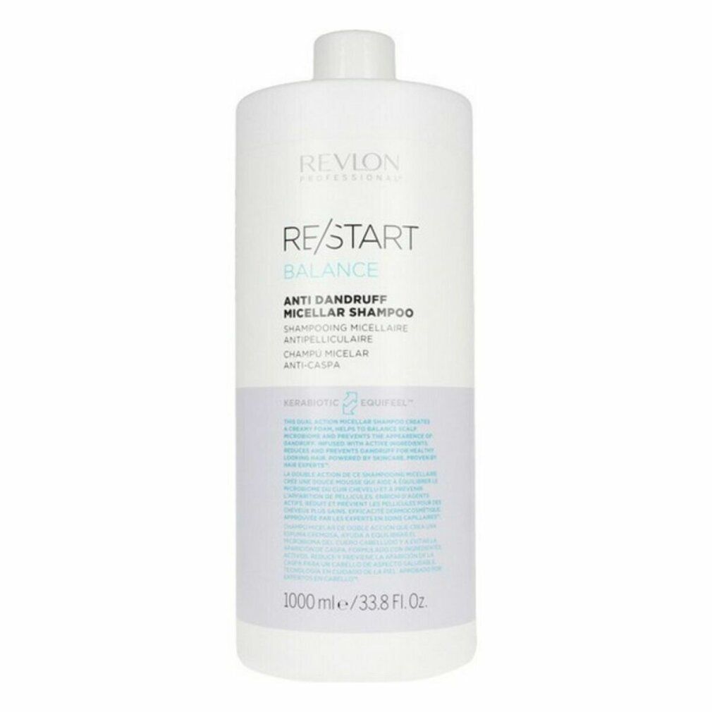 Flacone bianco Revlon Re-Start Balance Shampoo Micellare Antiforfora. Testo: Antiforfora, 1000 ml/33.8 fl oz.