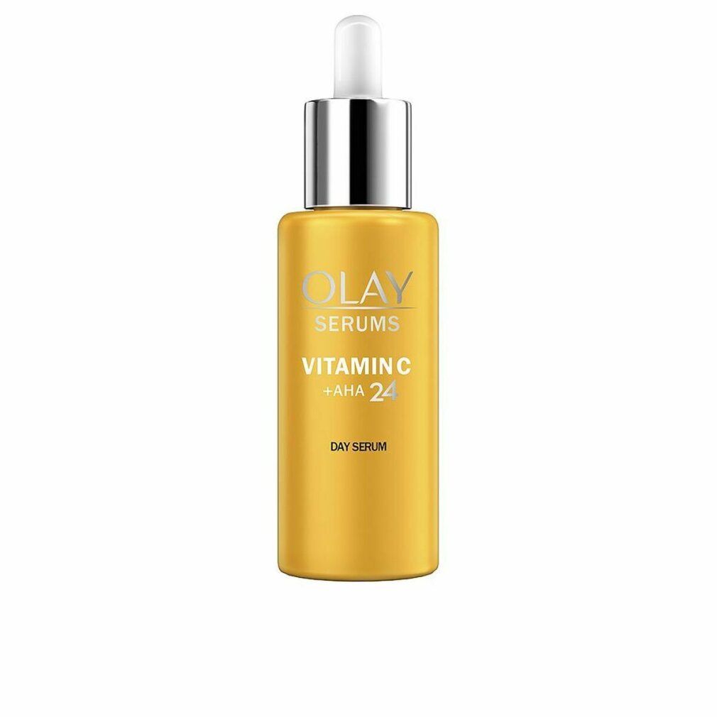 Flacone giallo con tappo argentato e pipetta. Scritta: Olay Serums Vitamin C + AHA 24 Day Serum.