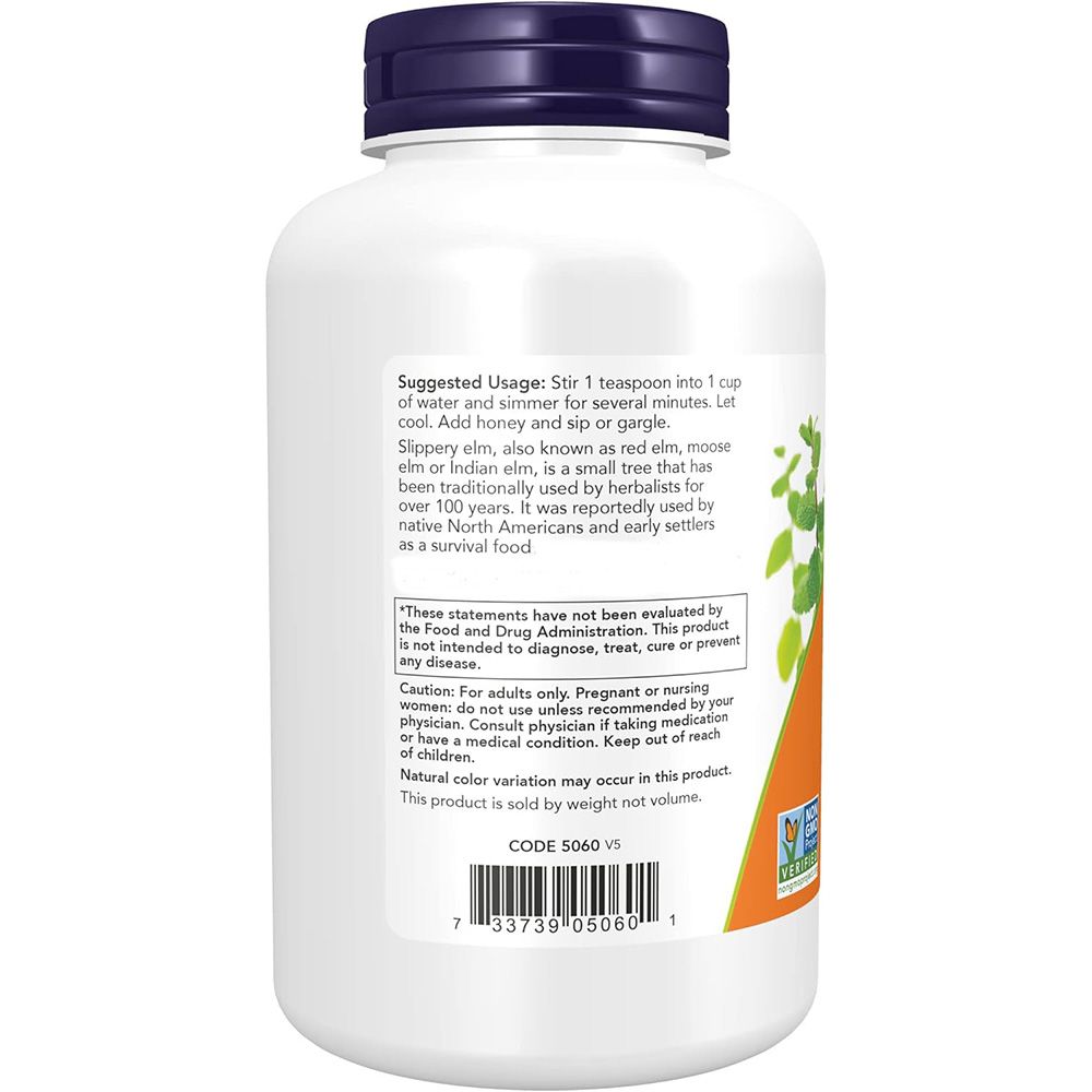 Retro di un contenitore di Now Foods Slippery Elm Powder, con istruzioni per l'uso e informazioni sul prodotto.