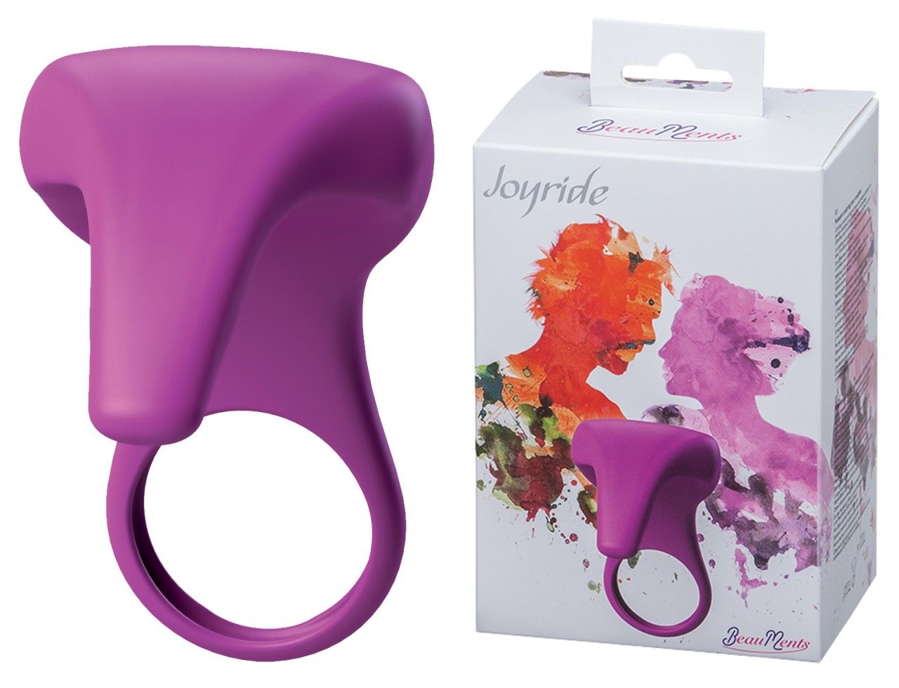 Anello Joyride viola nella confezione originale con raffigurazione artistica di una coppia.