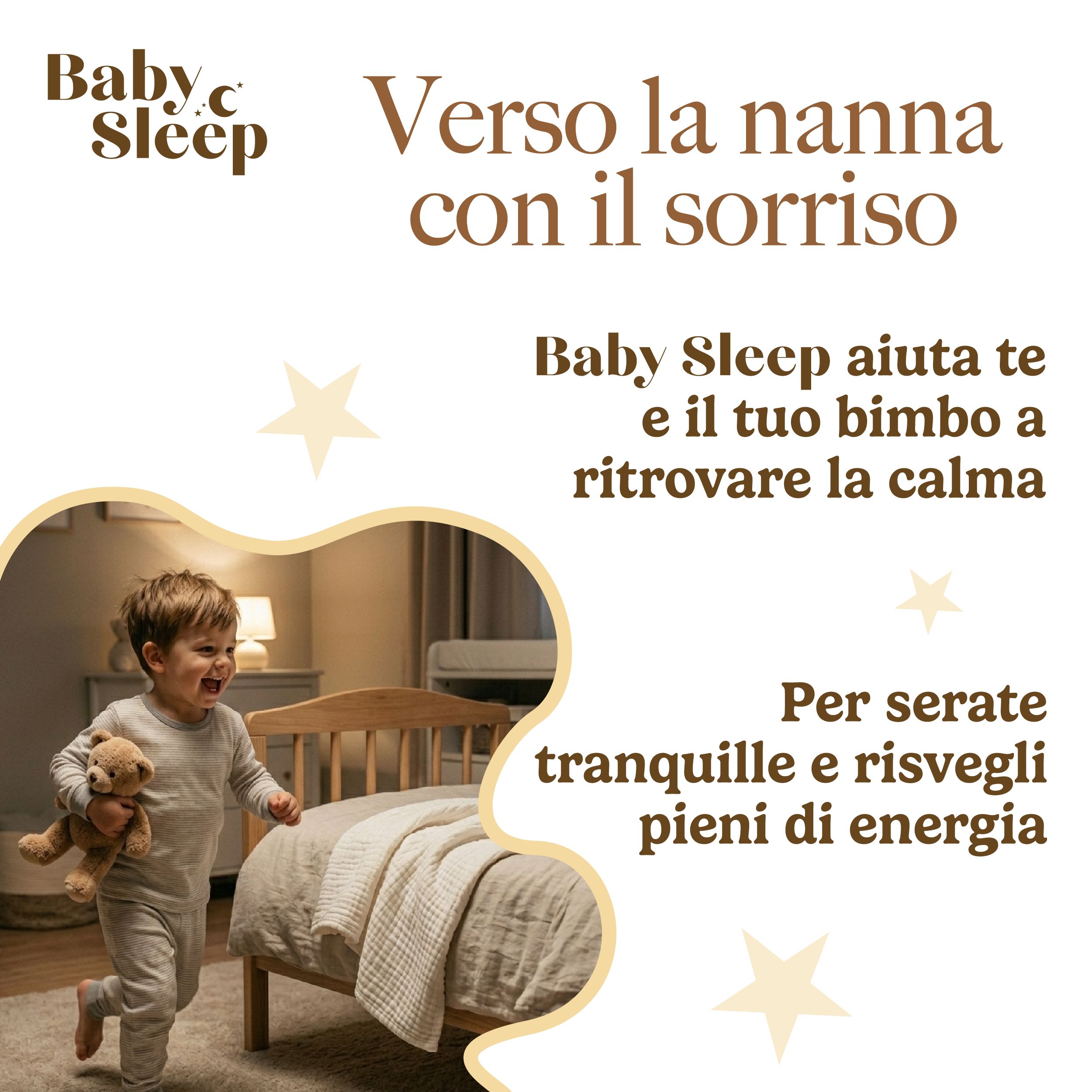 Bambino sorridente con orsacchiotto corre verso il letto. Baby Sleep aiuta i bambini a trovare calma.