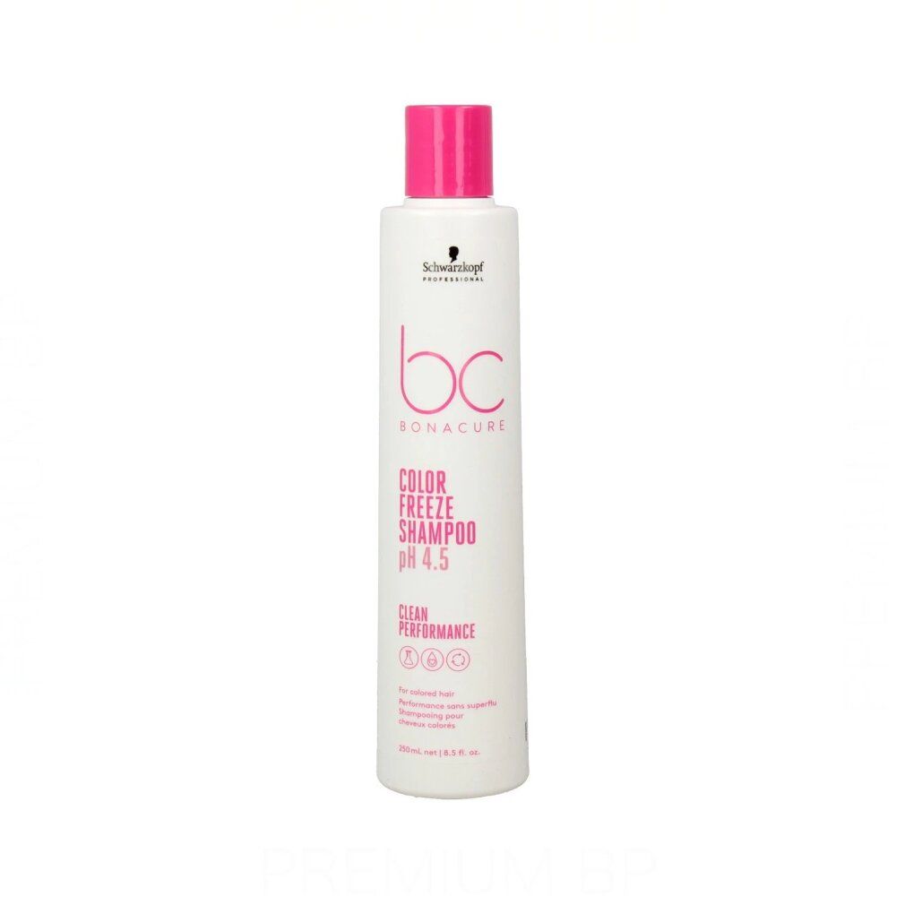 Flacone di shampoo bianco con tappo rosa. Scritta: bc BONACURE COLOR FREEZE SHAMPOO pH 4.5. Prodotto professionale.