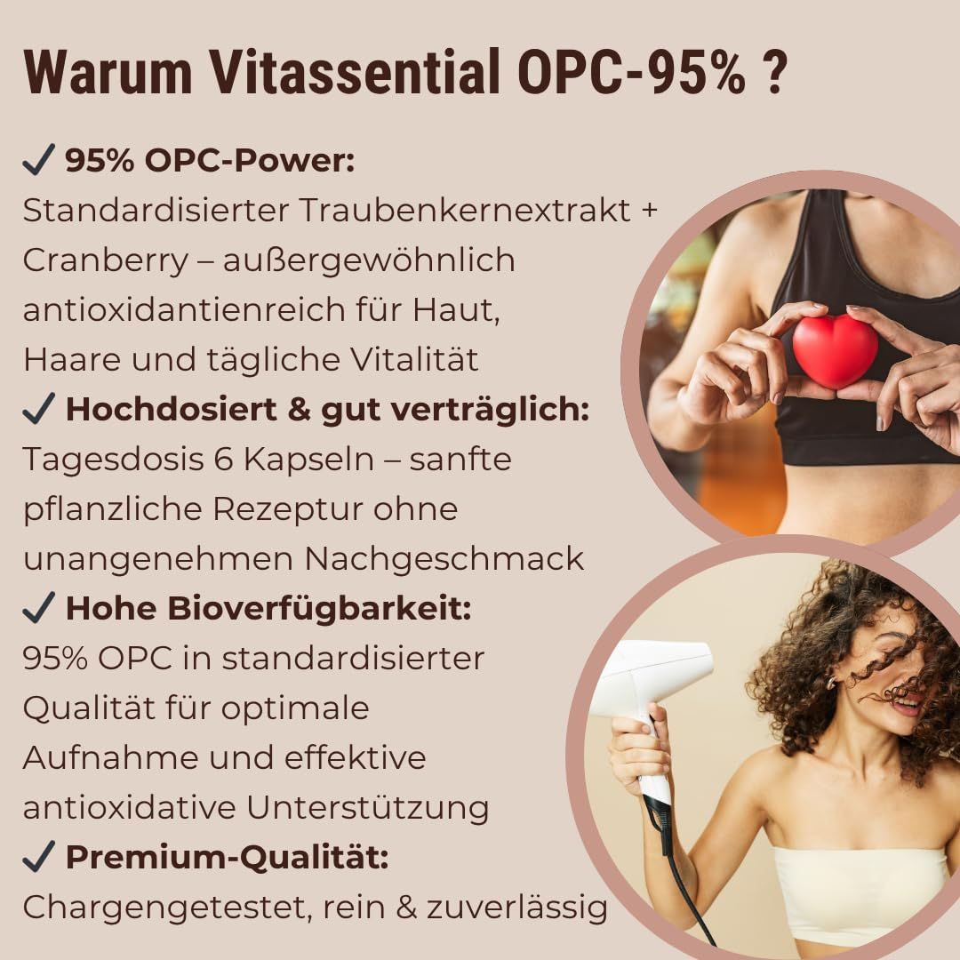 Testo con informazioni sul prodotto e due donne. Vantaggi OPC-95%. Dose elevata e buona tolleranza.