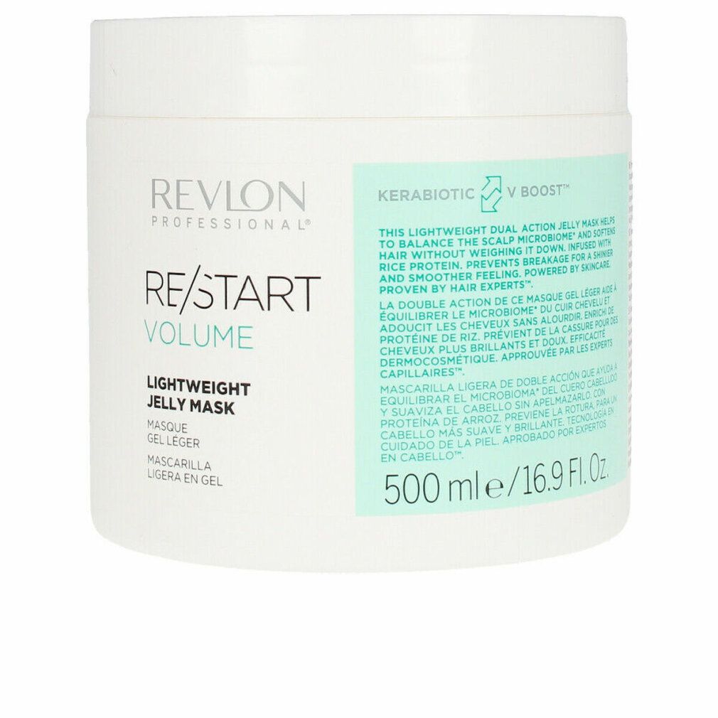 Vaso bianco con etichetta prodotto. Scritta: Revlon Professional, Re/Start Volume, Lightweight Jelly Mask. 500 ml.