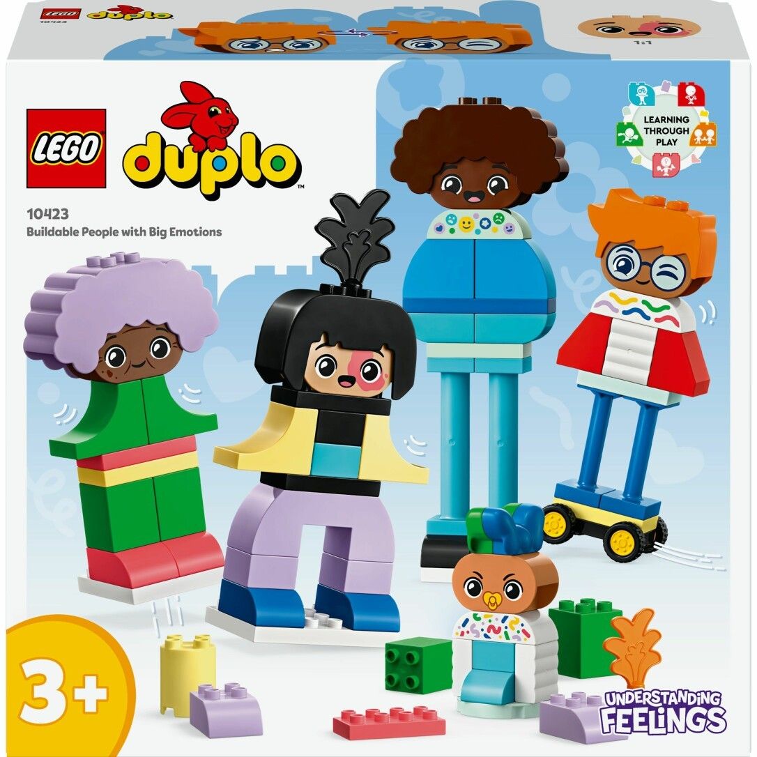 Set LEGO DUPLO con personaggi. Personaggi di vari colori e forme. Confezione con nome del prodotto e età consigliata.