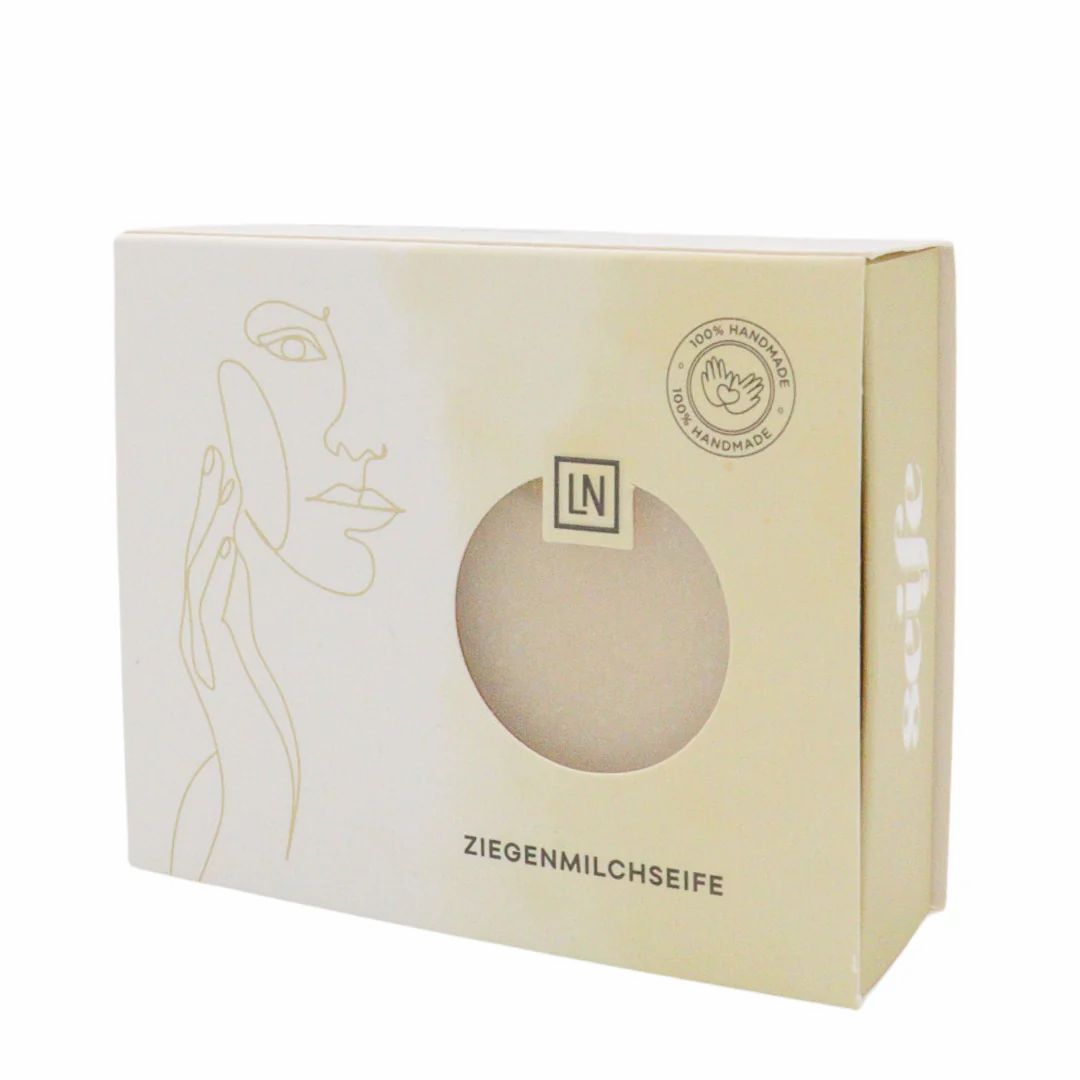 Scatola di sapone con finestra rotonda. Stampa: volto, logo LN, Ziegenmilchseife, 100% Handmade.