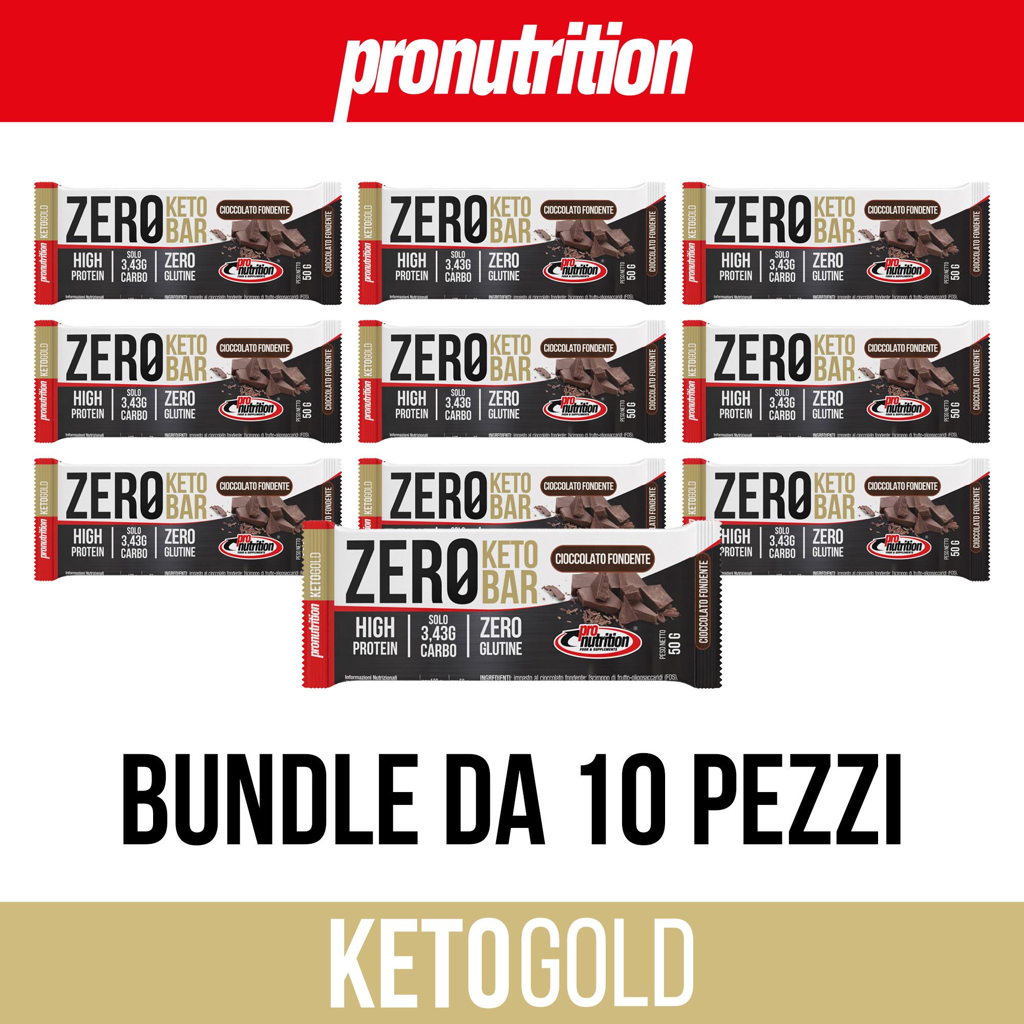 Confezione multipla di barrette proteiche. Scritta: Zero Keto Bar, 40% proteine, 3,43g zuccheri, senza glutine. Bundle da 10 pezzi.