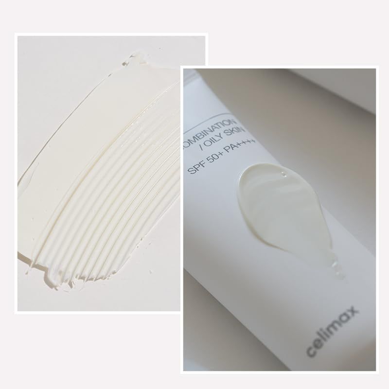 Collage: tubo di crema solare e una striscia di crema su sfondo bianco.