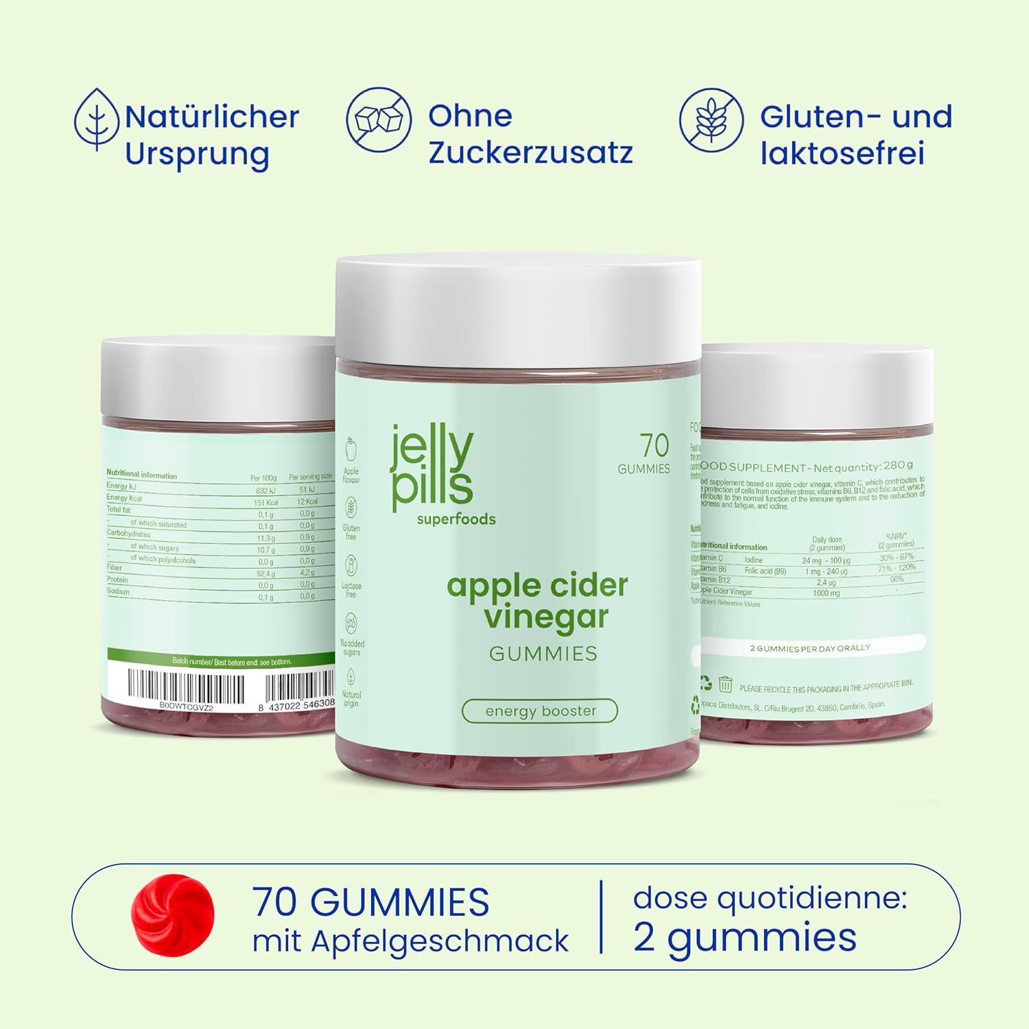 Tre barattoli con 70 caramelle gommose. Scritta: Jelly Pills Superfoods, Apple Cider Vinegar Gummies. Senza zuccheri.