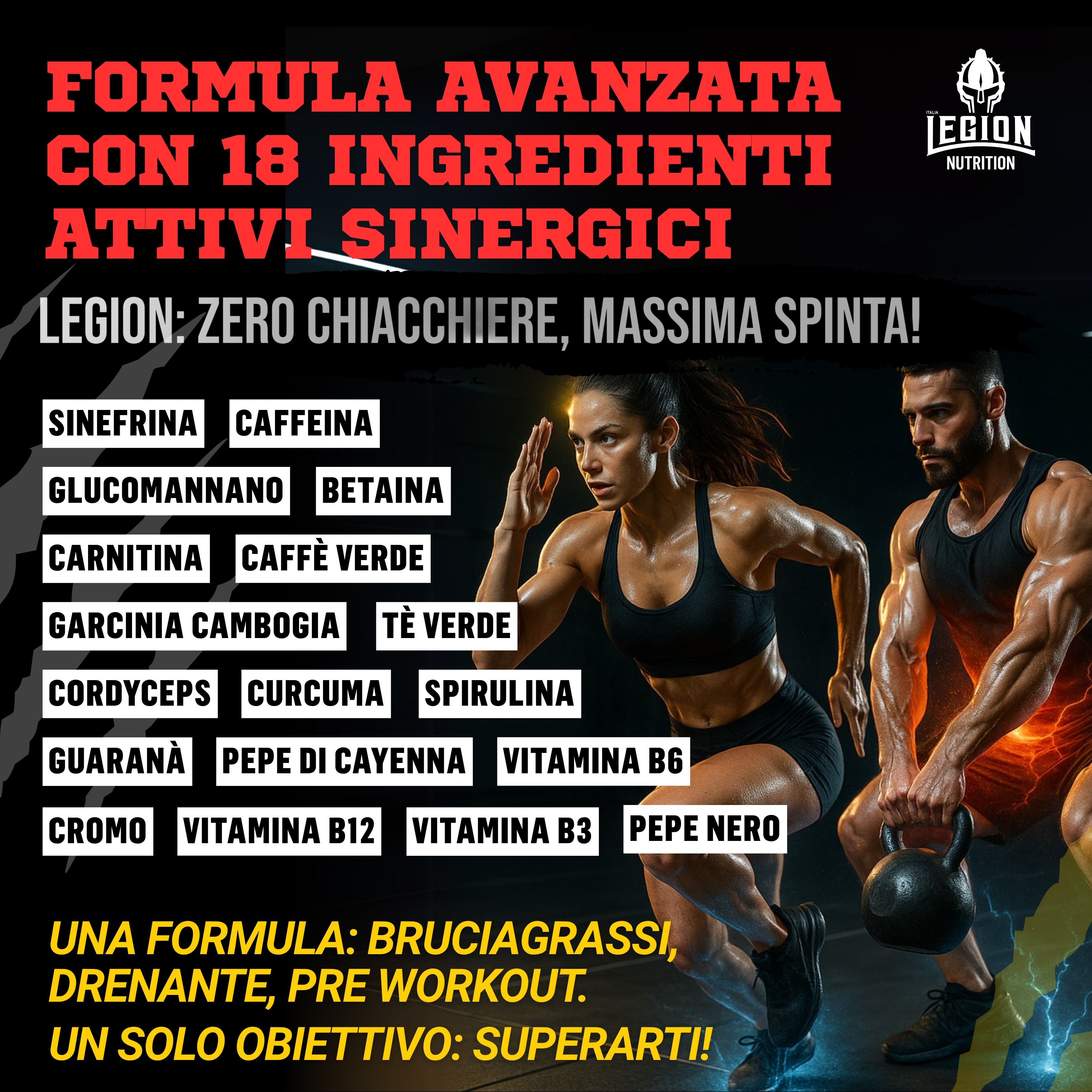 Manifesto pubblicitario con persone che si allenano. Testo: Formula Avanzata con 18 Ingredienti Attivi Sinergici. Ingredienti.