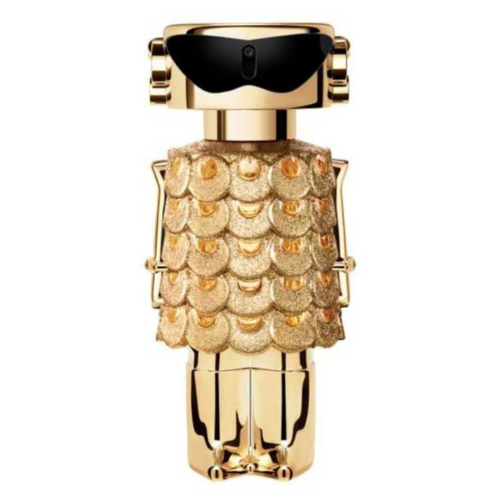 Flacone di profumo dorato a forma di robot. Il flacone ha una forma di robot dorato con occhiali da sole e motivo a scaglie.
