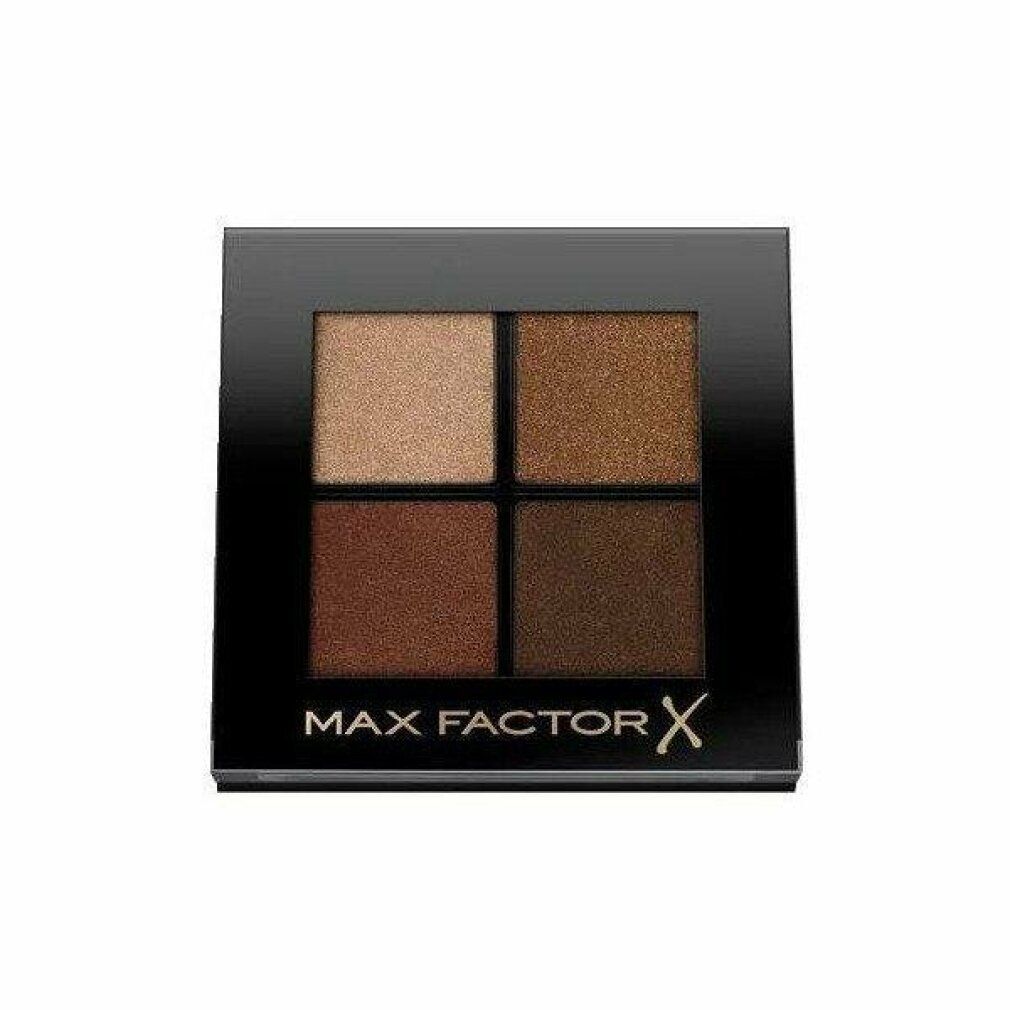 Palette ombretti quadrata con quattro tonalità di marrone. Cornice nera, scritta dorata MAX FACTOR X.