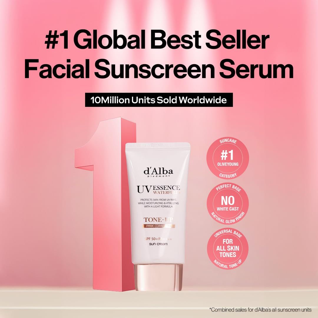 d'Alba UV Essence Waterfull Tone-up Sunscreen. Tubo bianco con informazioni sul prodotto. Sfondo rosa con testo: #1 Global Best Seller.