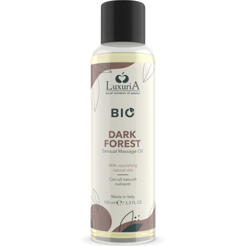 Olio da massaggio LuxuriA BIO Dark Forest in flacone trasparente con tappo nero. 100 ml.