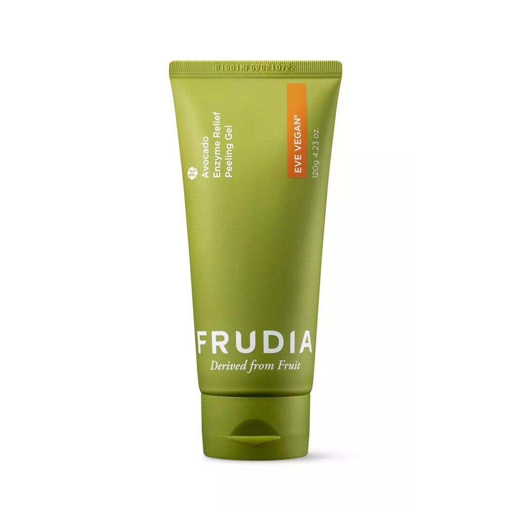 Tubo verde di gel peeling enzimatico Frudia all'avocado, certificazione EVE VEGAN e 120g.