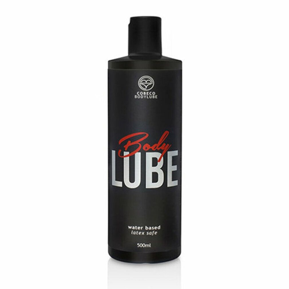 Flacone nero con tappo nero. Scritta "Body Lube" in rosso e bianco. "Water based latex safe" e "500ml".