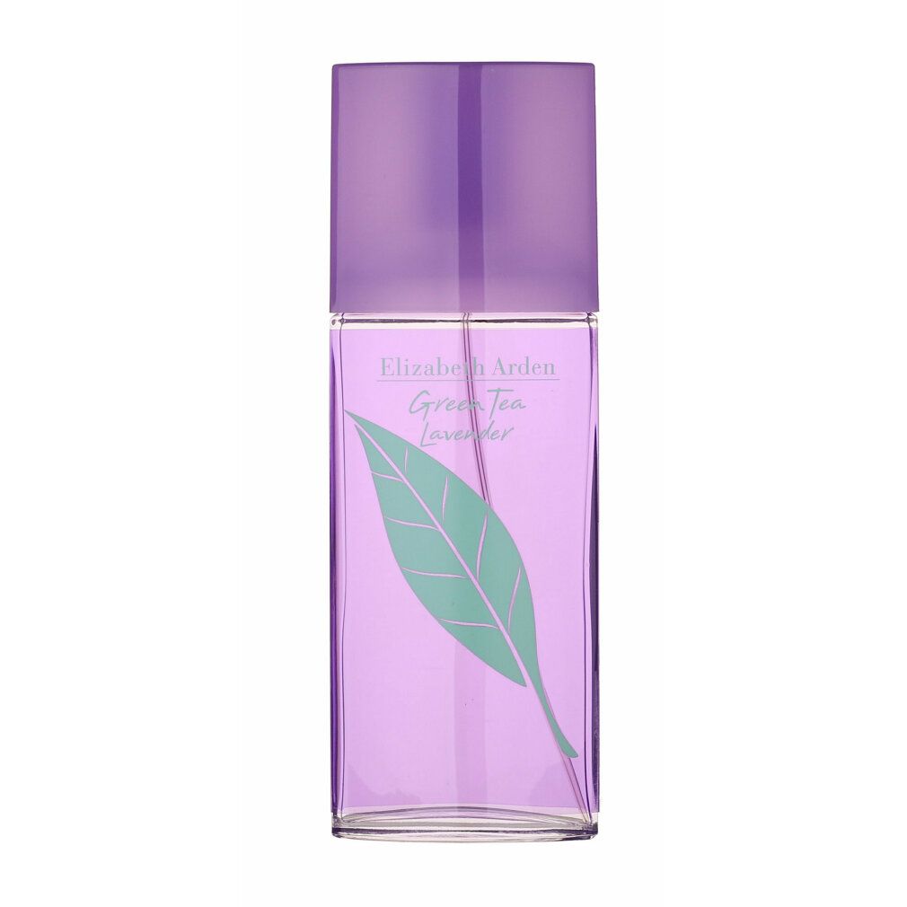 Flacone viola con vaporizzatore. Scritta: Green Tea Lavender. Design foglia verde.