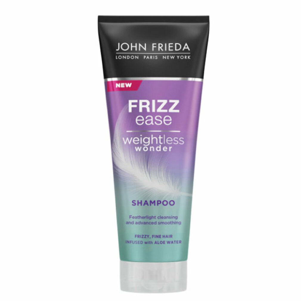 Tubo shampoo Frizz Ease Weightless Wonder. Tappo nero, sfumatura viola-blu, illustrazione piuma. Testo: Shampoo, per capelli fini.