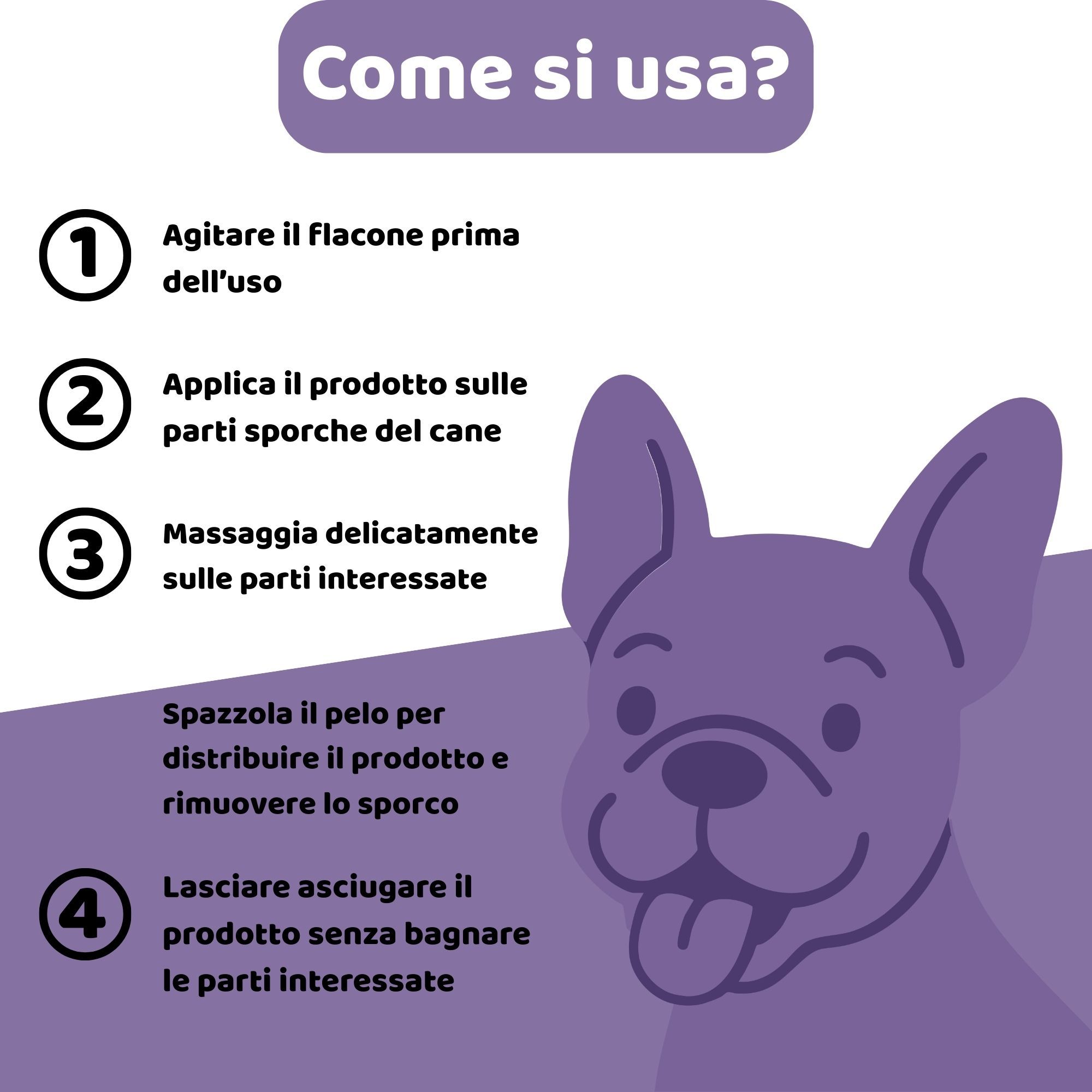 Istruzioni per l'uso: 4 passaggi, illustrazione di un cane. Titolo: Come si usa?
