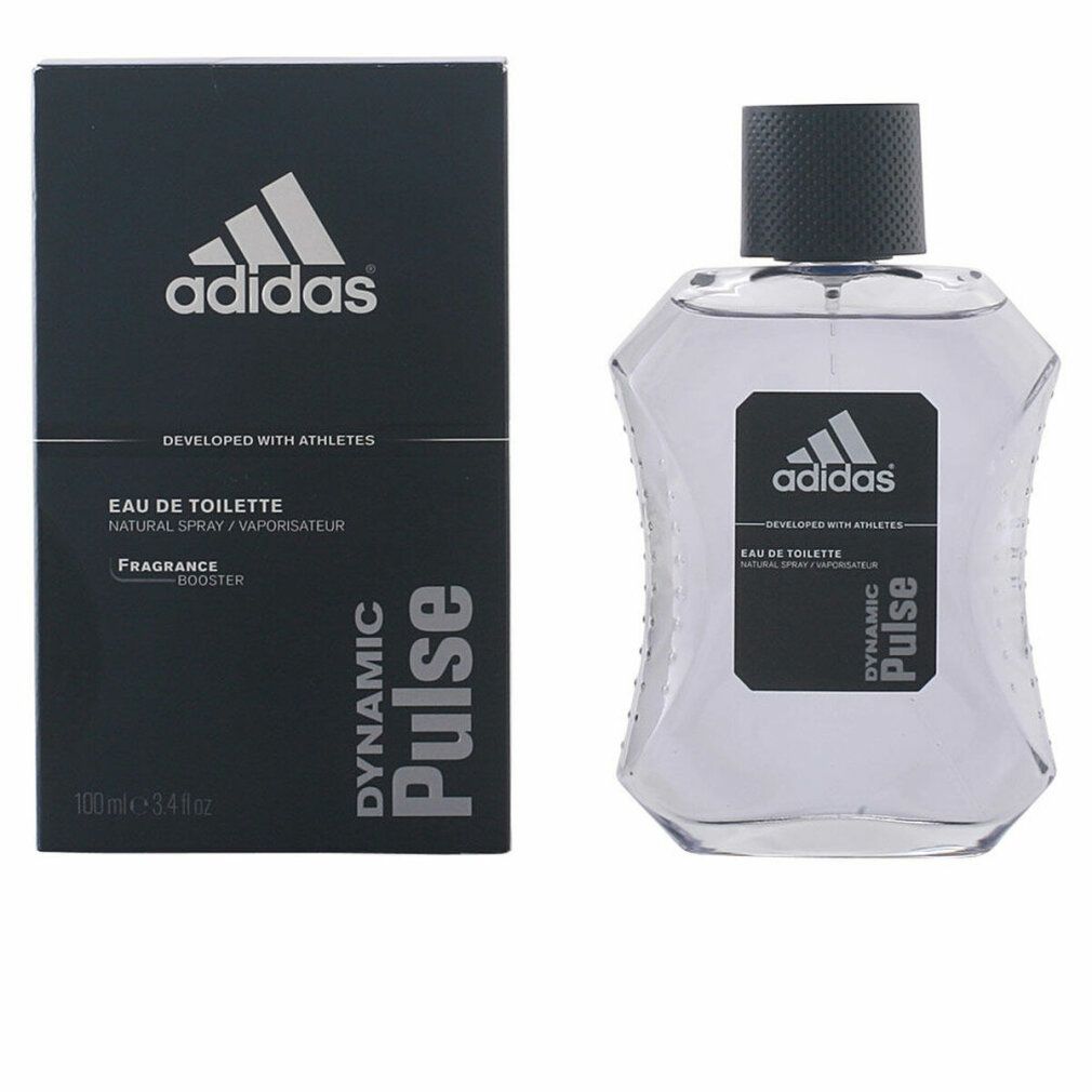 Flacone e confezione. Confezione nera con logo Adidas e scritta Dynamic Pulse. Flacone accanto.