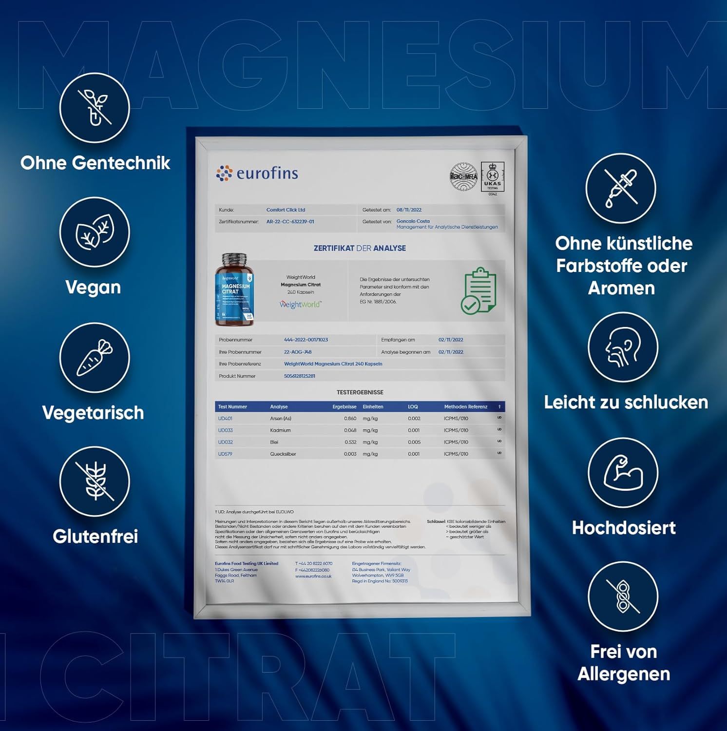 Certificato di analisi di Eurofins. Contiene informazioni sul prodotto WeightWorld Magnesium Citrato. Vegano, vegetariano, senza glutine.