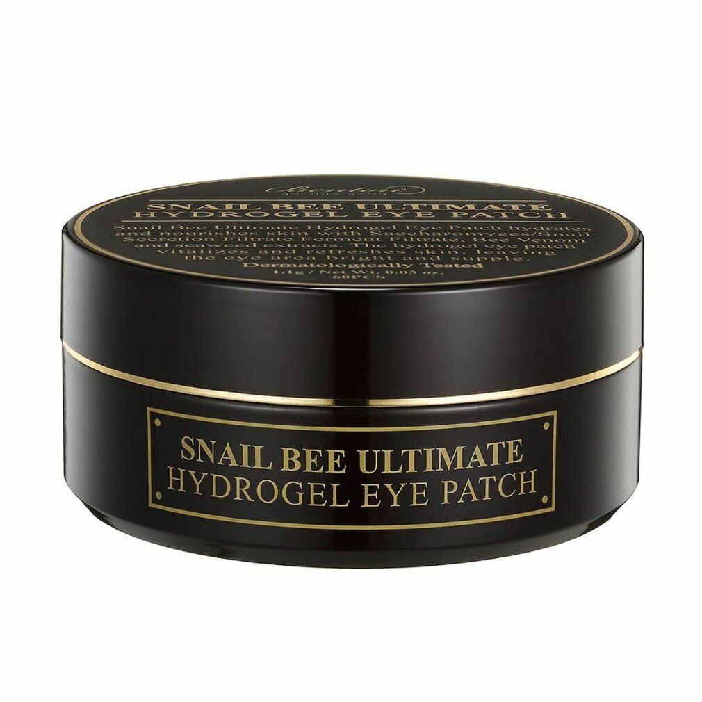 Barattolo nero con coperchio e scritte dorate. Scritta: Snail Bee Ultimate Hydrogel Eye Patch.